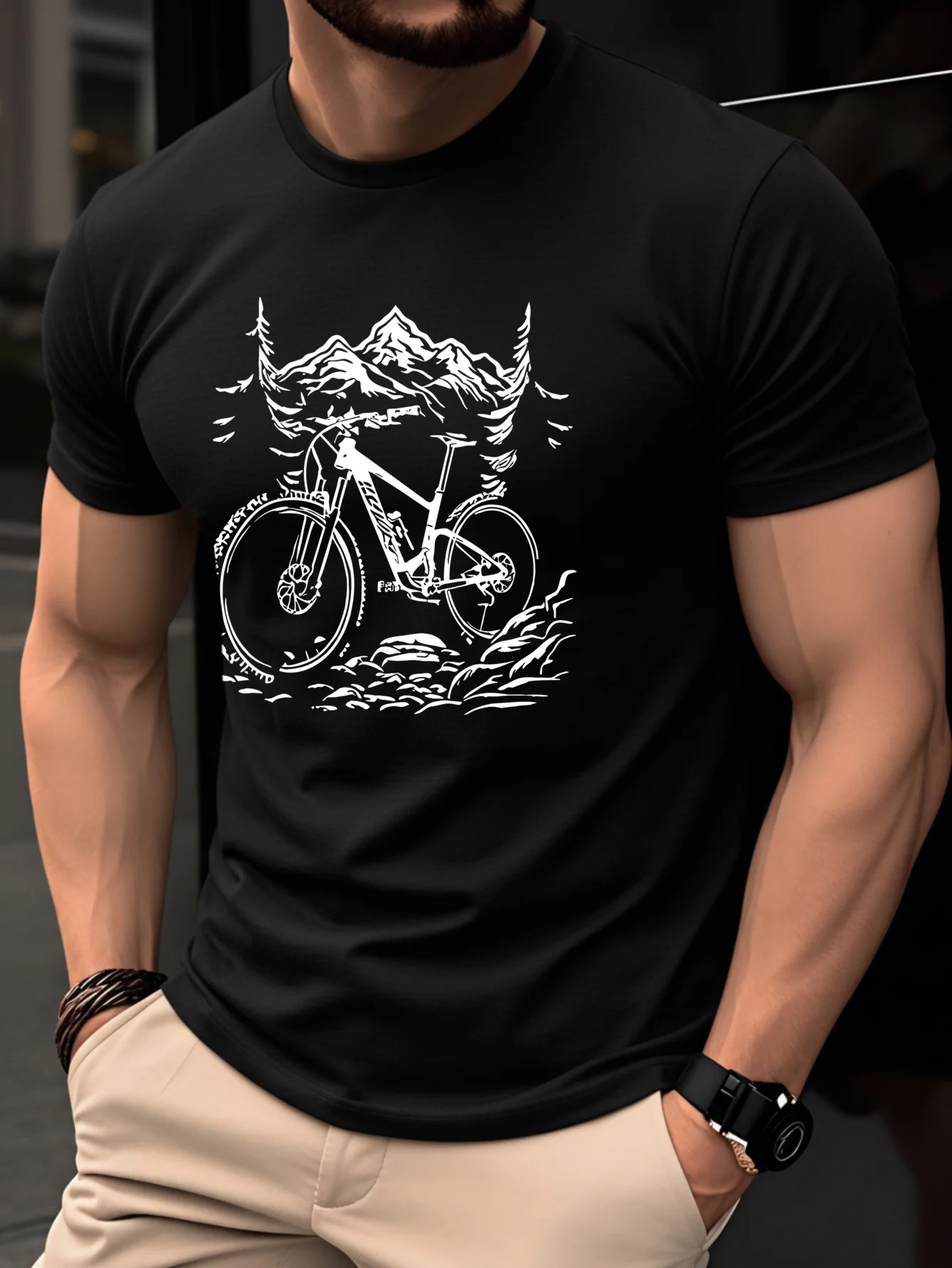 산악 자전거와 먼 산을 그려낸 디자인의 100% 면 남 - Mountain Biking Holidays 리뷰 및 가격