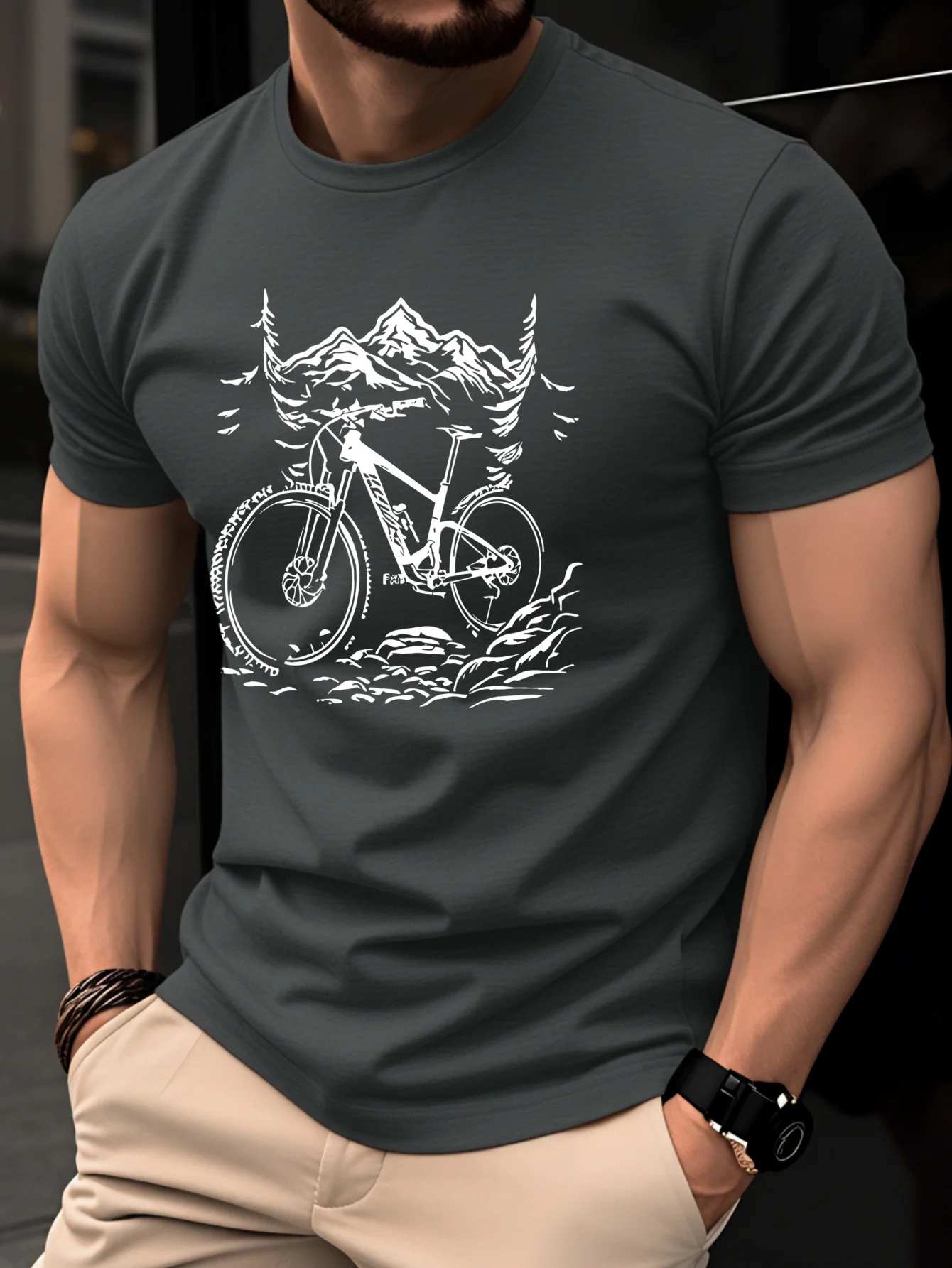 산악 자전거와 먼 산을 그려낸 디자인의 100% 면 남 - Mountain Biking Holidays 리뷰 및 가격